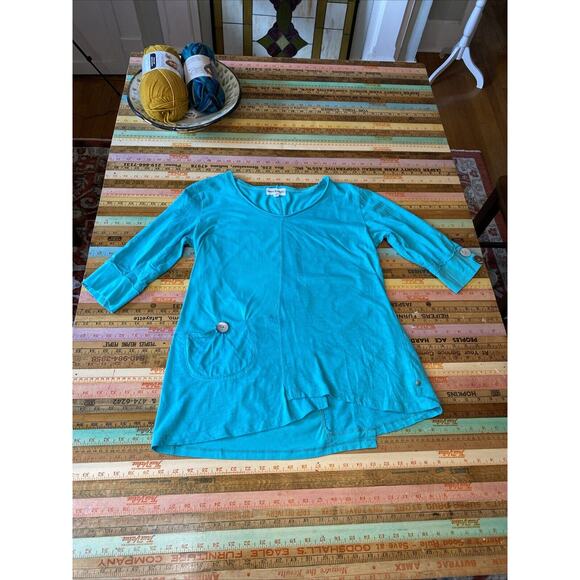 Neon Buddha S Tunic Top 3/4 Sleeve Embellished Button Turquoise Cotton Shirt - Picture 11 of 14